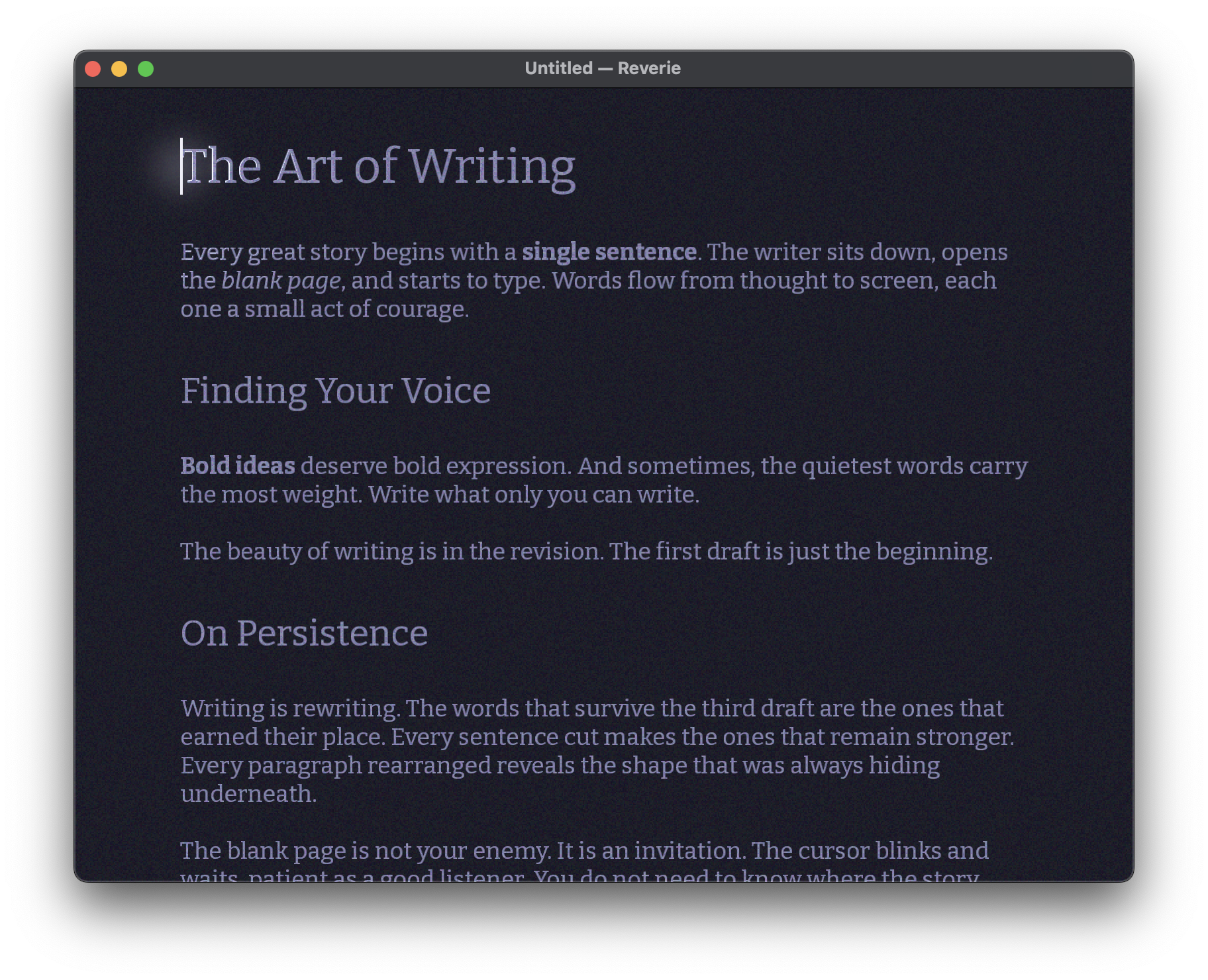 Reverie — a warm, dark writing surface