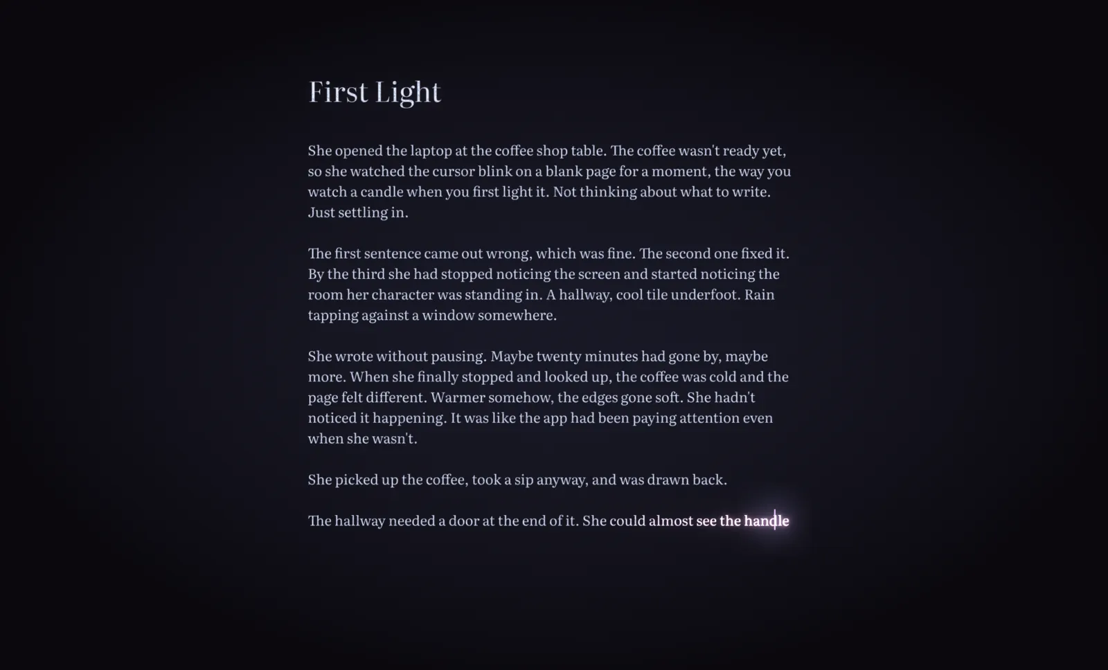 Reverie's Afterglow theme, a warm dark writing page.
