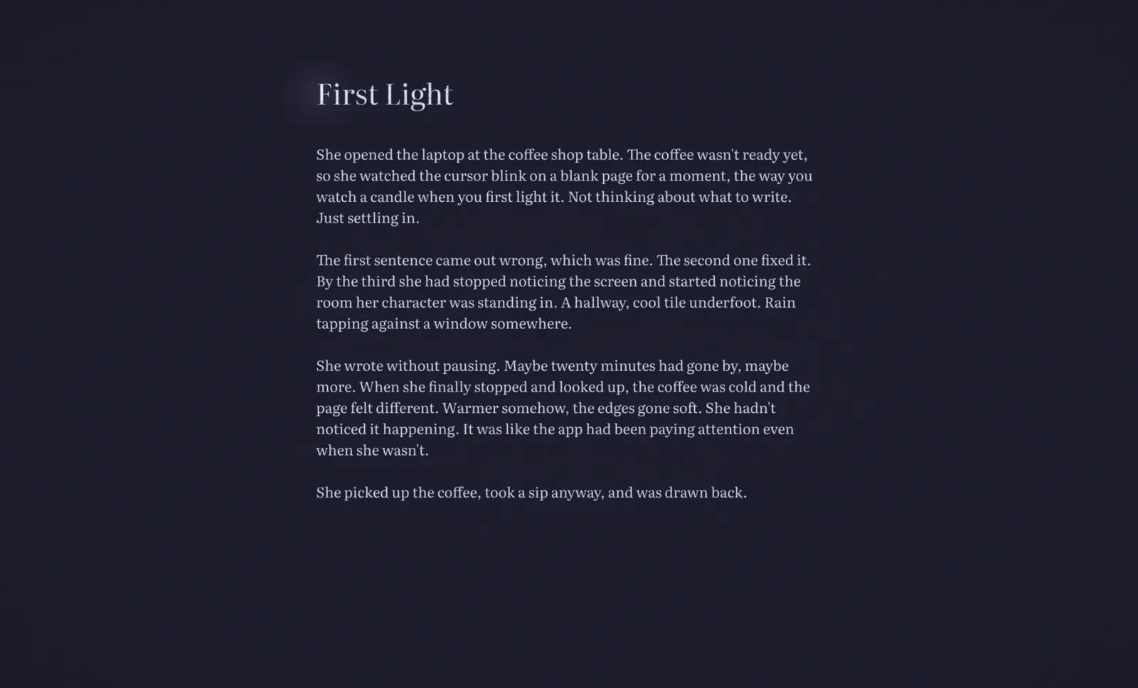 Reverie's dark writing surface showing a short story draft, with no toolbars or chrome.
